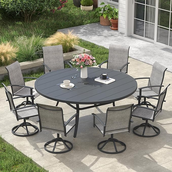 VICLLAX Outdoor Table and Chairs Set for 8, Patio Dining Set of 60 Metal Round Patio Table with Umbrella Hole & 8 Swivel Outdoor Dining Chairs for Backyard Lawn, Grey & Dark Grey