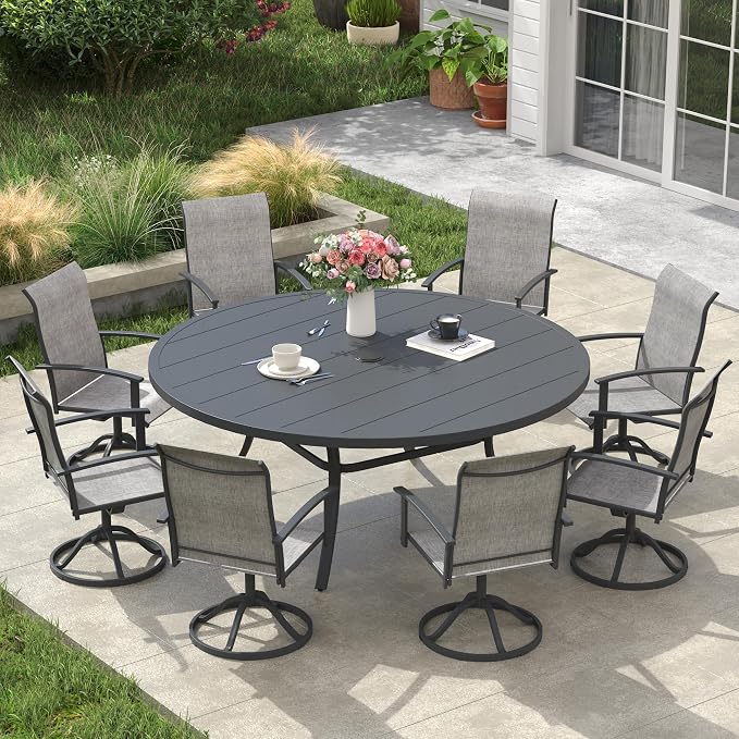 VICLLAX 60" Round Patio Table, Outdoor Dining Table for 8-10 with Umbrella Hole for Garden Lawn Deck Backyard, Dark Grey