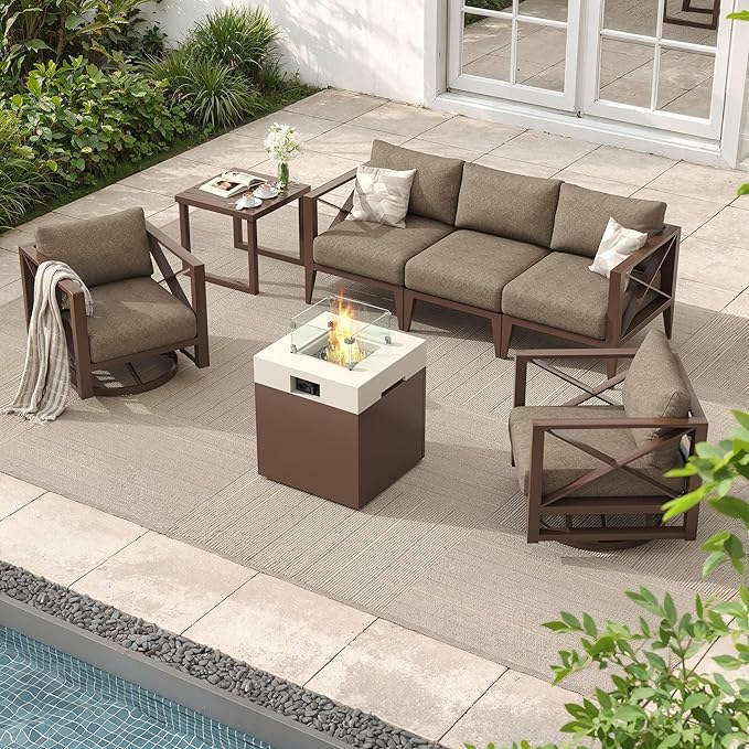 MBY Aluminum Patio Furniture Set with Fire Pit Table, 7-Piece All-Weather Outdoor Conversation Set with Swivel Rocking Chairs, Oversized Modern Sofa for Backyard, Deck, Balcony-Brown
