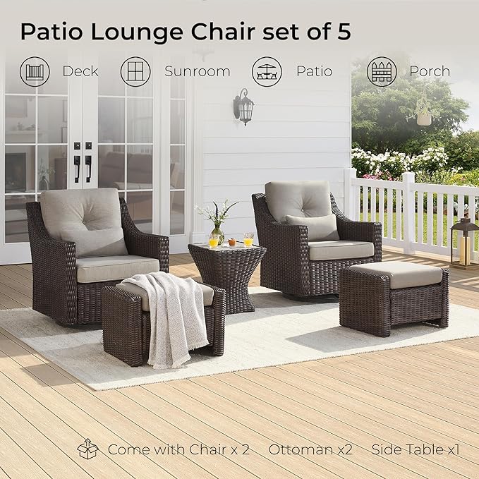 CHITA 5 Pieces Swivel Wicker Patio Furniture Set, Outdoor Conversation Set with 2 Pieces Rattan Rocking Swivel Chairs, 2 Pieces Ottomans, Thickened Cushions and Side Table
