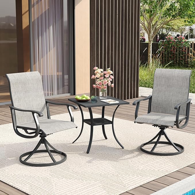 VICLLAX 3 Pieces Patio Dining Set for 2-28" Square Small Outdoor Table and 2 Patio Swivel Chairs for Lawn Garden, Grey Tabletop and Grey Fabric