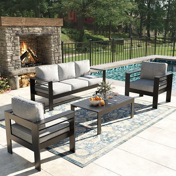 4 Pieces Modern Aluminum Patio Furniture Set, Outdoor Conversation Sets Metal Sectional Sofa with Coffee Table