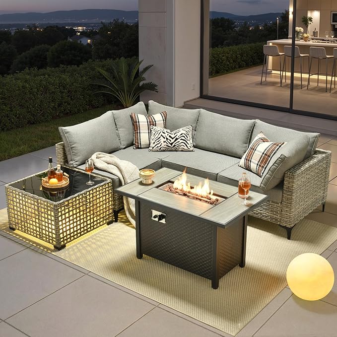 6 Pieces Patio Furniture Set with 42" Fire Pit, All-Weather Rattan Outdoor Sectional Conversation Sets L Shaped Sofas with Solar Light Coffee Table for Porch Balcony Backyard Dark Grey
