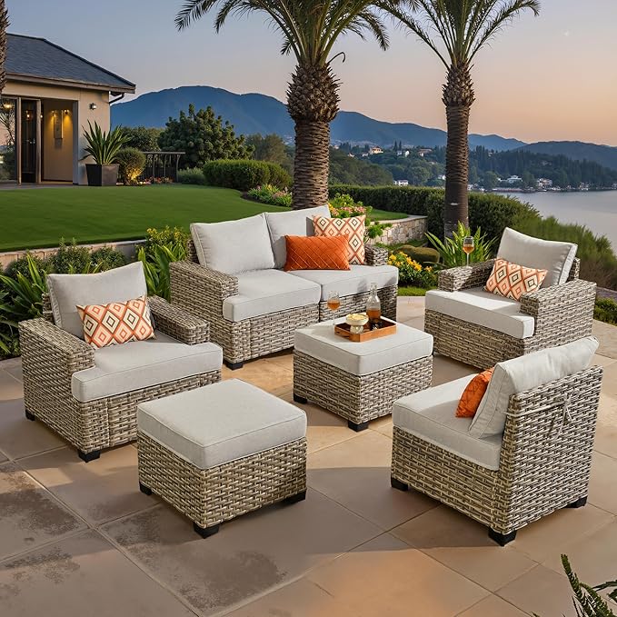 ovios 7 Piece Patio Sectional Furniture, Rattan Wicker Coversation Couch Set, Outdoor Sofa Set for Outside Porch Balcony Backyard Pool,Light Grey