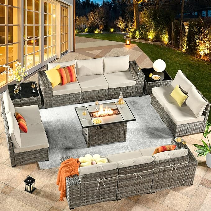 HOOOWOOO 13 Piece Modular Patio Outdoor Sectional Furniture Set with Gas Propane Fire Pit Table,Wicker Conversation Sofa Set,Out Door Couch Set with Wide Arm Outside(Beige)
