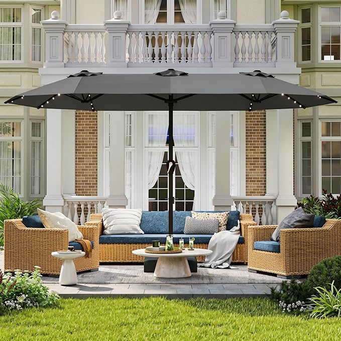 15ft Large Patio Umbrella with Solar Lights and Base, Double-Sided Outdoor Rectangle Umbrella with 48 LED Lights, Market Table Umbrellas with UV Resistant Canopy, Gray