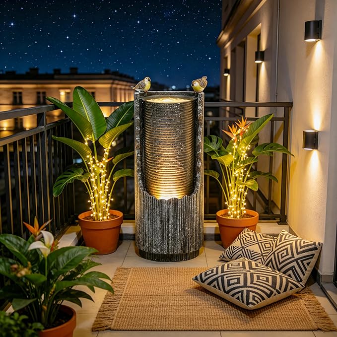 32" Rustic Cracked Jar Water Fountain Outdoor with LED Lights, Polyresin Freestanding Waterfall Feature, Tranquil Oasis for Garden, Patio, Yard, or Porch