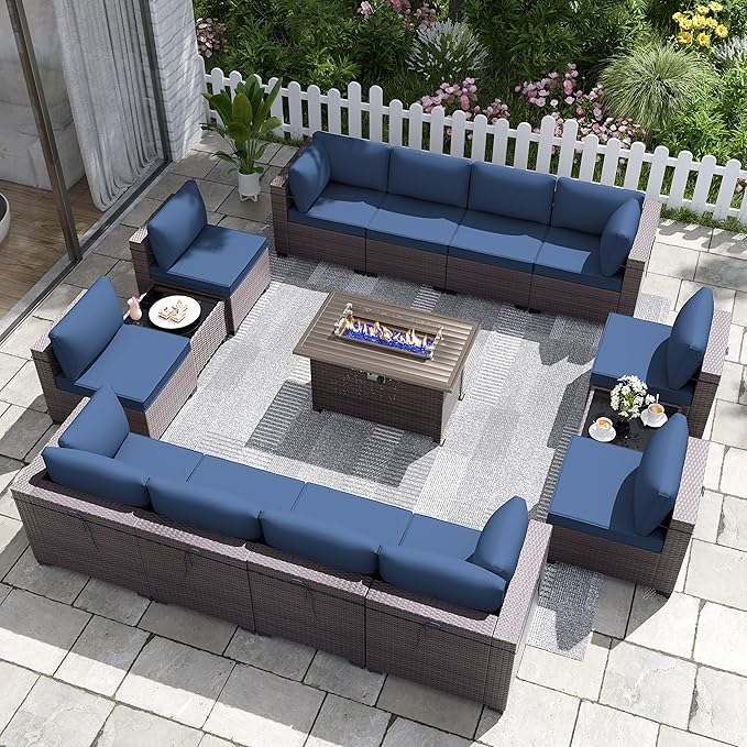 Patio Furniture Set with Fire Pit Table 15 PCS Outdoor Sectional Furniture Rattan Patio Conversation Set with 43in Propane Gas Fire Pit Table and Glass Table, Navy Blue