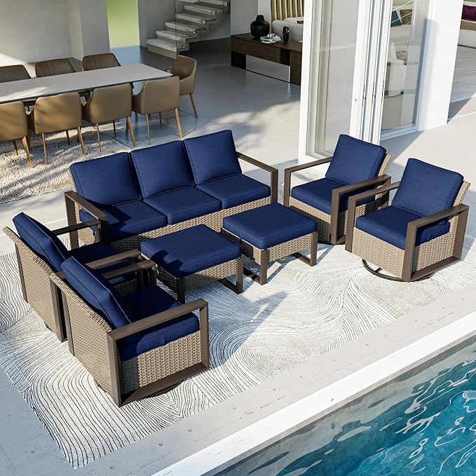 Outdoor Patio Furniture Set, 7 Piece Wicker Patio Conversation with Deep Seating, Thicken Cushions, Outdoor Swivel Rocker Patio Chairs, Metal Outdoor Furniture for Deck, Porch, Yard Use