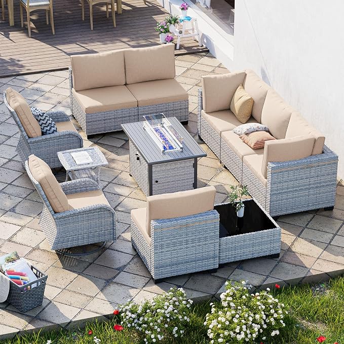 11-Piece Patio Furniture Set, Outdoor Patio Furniture with 55,000 BTU Fire Pit Table, Swivel Chairs Set, Thick Cushions, Modular Patio Sofa, Dual-Strand Wicker Rattan, Rust-Resistant Frame, Sand
