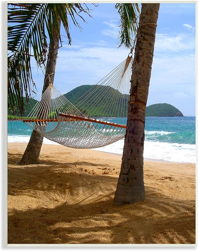 Stupell Industries Tropical Summer Vacation Hammock Between Palm Trees, Design by Noah Bay, Wall Plaque, 13 x 19