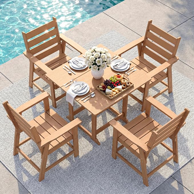 5 Piece Patio Dining Set, HDPE All-Weather Furniture with 4 Chairs & 1 Square Table, for Backyard, Garden, Cedar