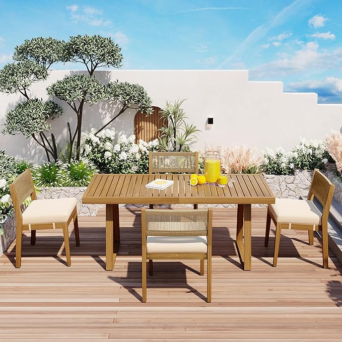 Harper & Bright Designs Multi-Person Outdoor Acacia Wood Dining Table and Chair Set, Thick Cushions, Suitable for Balcony, Vourtyard, and Garden.