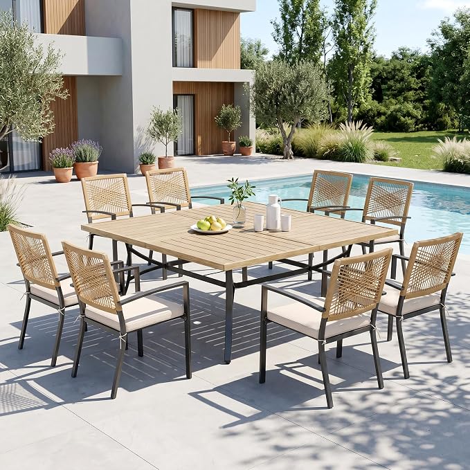 Sophia & William 9pc Patio Dining Set, 57" Square Table, Wicker Chairs | Outdoor Dining Set for 8, 57" Square Wood-like Patio Dining Table Set with Patio Wicker Chairs for Garden, Porch, Deck