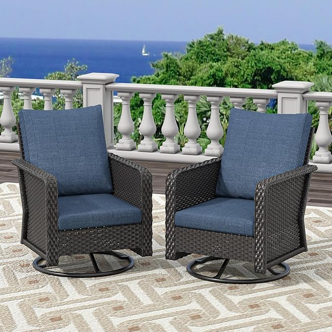Brafab Outdoor Swivel Chair Set - PE Wicker Patio Conversation Sets Cushioned Seat Couch - 2 Seats Outdoor Sofa Set for Yard, Garden Porch, 2Pcs, Blue