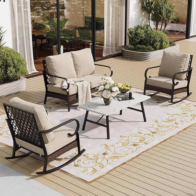 4 Piece Metal Outdoor Patio Furniture Sets, Patio Conversation Sets 1 Loveseat, 2 Rocking Sofa with 5.75" Extra Thick Cushion and Coffee Table, Balck Frame Backyard Furniture, Beige