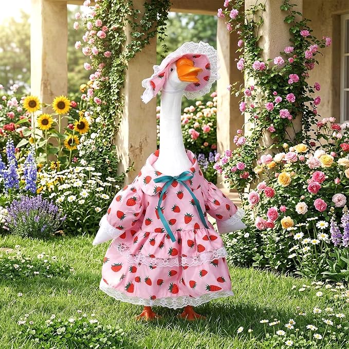 Spring Porch Goose Outfit Strawberry Porch Goose Clothes for 23 Inch Lawn Cement or Plastic Geese Statue Geese Skirt Costume with Hat Dress for Summer Outdoor Patio Yard Garden Holiday Decor