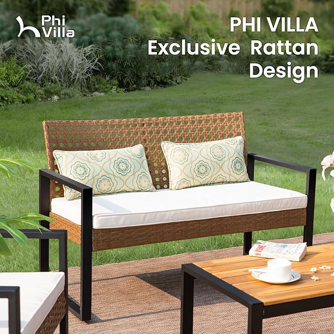 PHI VILLA Patio Wicker Furniture Set for 4, Brown Rattan Loveseat & Chairs with Beige Cushions & Acacia Wood Coffee Table, Outdoor Conversation Sofa Set for Deck, Yard, Porch (Round Hole Back)