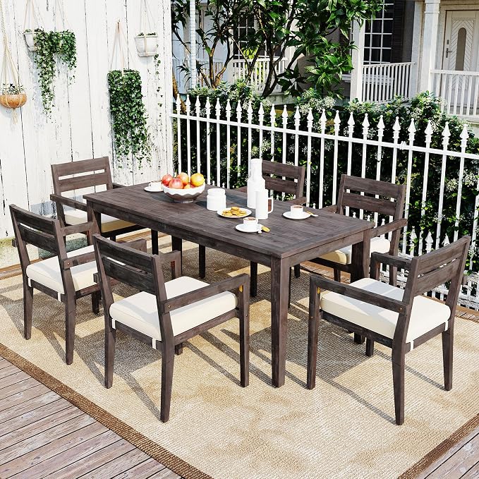 7 Piece Patio Dining Table Set with Removable Cushion, Outdoor Acacia Wood Furniture Set for Garden, Backyard, Lawn, Poolside (A-Gray)