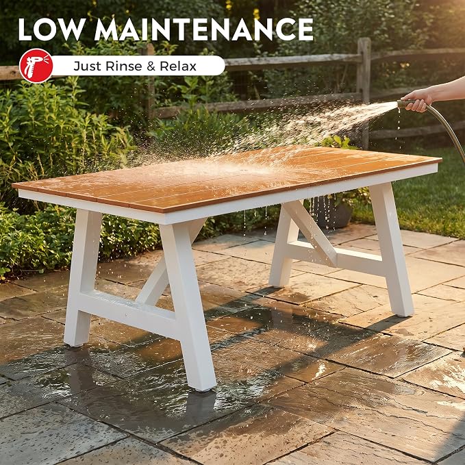 Costaelm Stinson 7-Piece Outdoor HDPE Patio Dining Table Set with Umbrella Hole & Dining Chairs for 6, Teak
