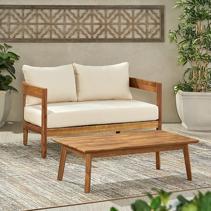 Merax 52" Outdoor Acacia Wood Frame Loveseat Sofa and 35.5" Coffee Table Set,with Cushions for Patio,Garden