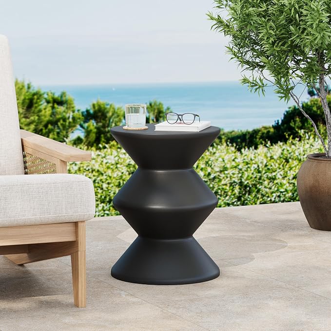 Christopher Knight Home Taric MGO Outdoor Side Table, Lightweight Concrete Round Accent Table for Indoor/Outdoor Usage, Patio Small End Table with Three-Layer Wave Structure, No Assembly, Black