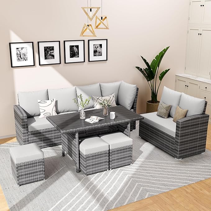 GAOMON Outdoor Patio Furniture Sets, PE Rattan Furniture Sectional Sofa Set with Storage Table, Patio Conversation Sets with Water-Repellent Cushions for Backyard, Deck, Poolside (9 Seat Gray/Gray)