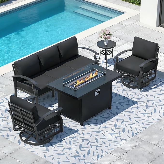 Aluminum Outdoor Patio Furniture Set,5 Pieces 5 Seats Metal Patio Sectional Furniture Set,Patio Conversation Sets with 45" Propane Fire Pit Table,Swivel Rocking Chairs Set,Black