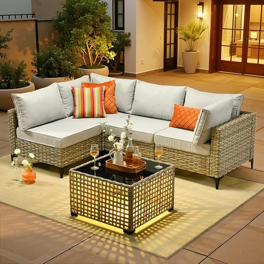 5 Pieces Patio Sectional Furniture Set, Outdoor Wicker Sectional Couch with Solar Lights Table, Modern Conversation Set for Porch Balcony Backyard, Gray