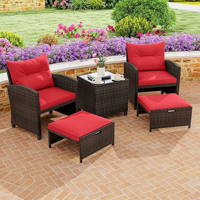 ORALNER 5 Pieces Patio Furniture Set with Ottoman, Wicker Conversation Set w/Cushions, Glass Coffee Table, Outdoor Rattan Lounger Chairs Bistro Set for Porch Balcony Garden Deck Poolside (Red)