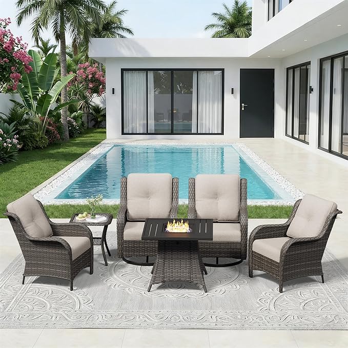 6 Pieces Outdoor Wicker Patio Furniture Set with Fire Pit Table, Patio Chair Set with Thickened Olefin Cushions, High Back and Deep Seating, Hand-Woven PE Rattan for Porch, Deck