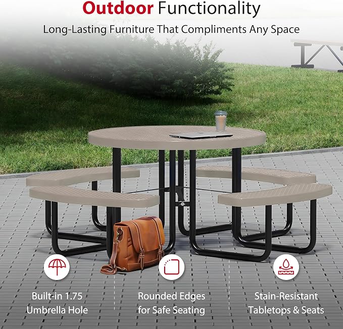 Leisure Craft Metal Picnic Table with Bench - 46" Round Outdoor Dining Table for 8 with Umbrella Hole, Weatherproof Heavy Duty Thermoplastic Coating, Commercial Grade Furniture Made in USA - Beige