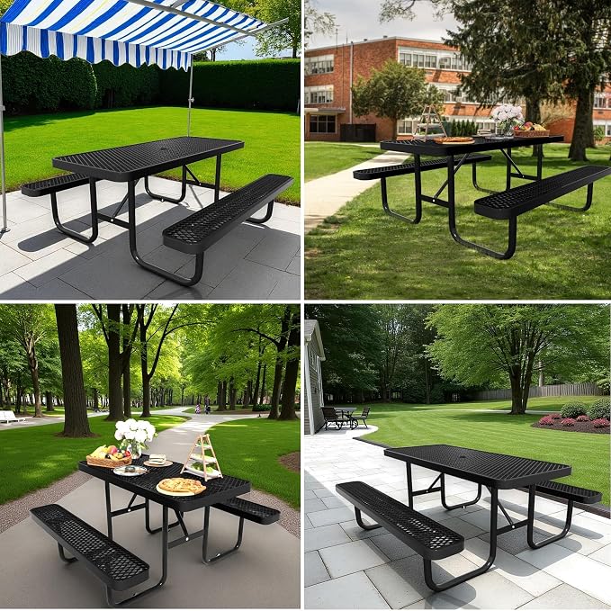 4 FT Metal Picnic Tables for Outside, Outdoor Coated Steel Heavy Duty Commercial Picnic Table with Benches, Patio Table Rectangular Furniture Set for Garden, Lawn, Shops, Parks