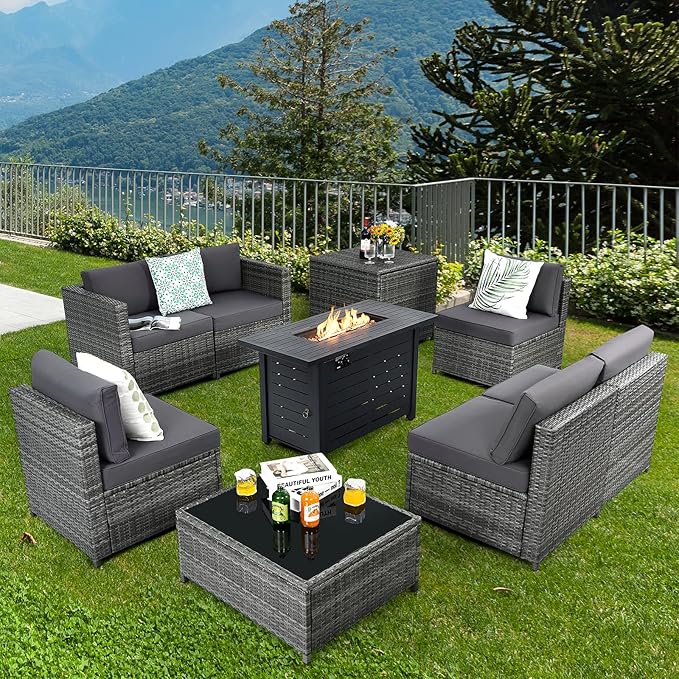 Tangkula 9 Pieces Patio Rattan Furniture Set, Patiojoy Sectional Sofa Set w/Fire Pit Table, Storage Box, Coffee Table, Outdoor Wicker Conversation Set w/ 42” Propane Fire Pit Table (Grey)