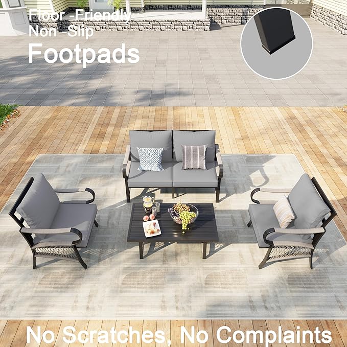 4 Pieces Patio Furniture Set, Metal Outdoor Conversation Sets with Coffee Table, Modern Couch Sofa Set Includes Single Chairs and Loveseat Seating Group (Thick Gray Cushions)