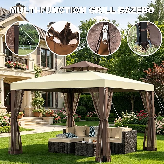 Outdoor Gazebo for Patio, 10×10 Canopy Tent with Mosquito Nettings & Double Roofs, Easy Setup Canopy Shelter for Party, Patio Gazebo for Lawn, Backyard, Garden (Beige, 10'x10')