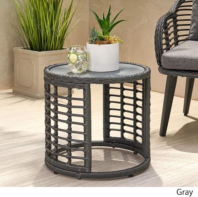 GDFStudio Outdoor Modern Boho Wicker Side Table with Tempered Glass Top, Gray