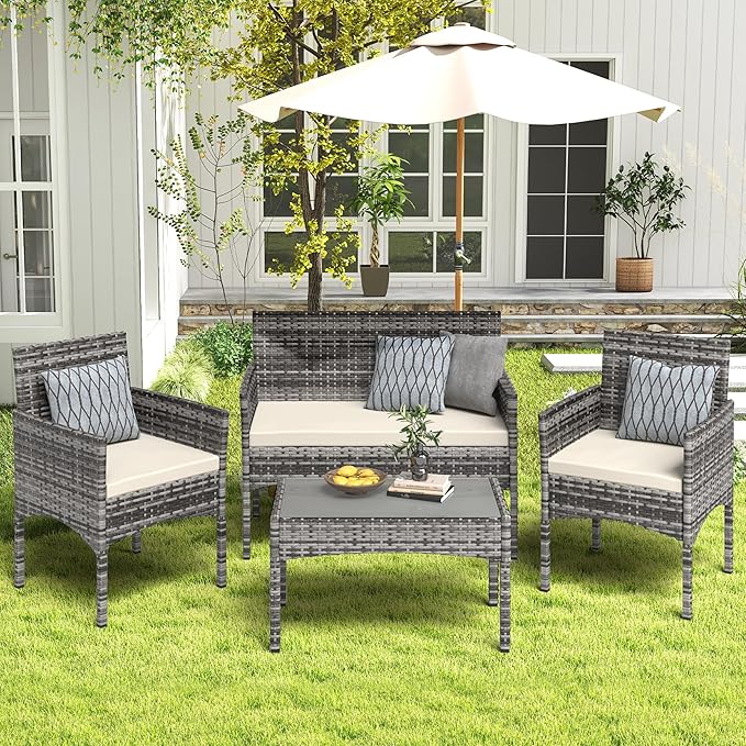 4 Pieces Patio Furniture Set, Outdoor Wicker Rattan Patio Conversation Furniture Set with Waterproof Cushion and Table for Lawn Poolside Backyard Garden Balcony Porch