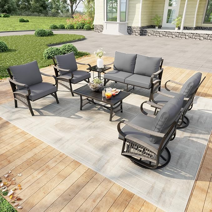7 Pieces Patio Furniture Set, Metal Outdoor Conversation Sets with Swivel Chairs, Modern Couch Sofa Seating Group with Coffee Table and Side Table (Thick Gray Cushions)