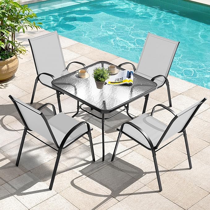 NUU GARDEN 5 Piece Patio Dining Set, 31.5 Inch Square Metal Table with Umbrella Hole and 4 Stackable Chairs, Outdoor Dining Furniture for Lawn Balcony Garden, Gray and Black