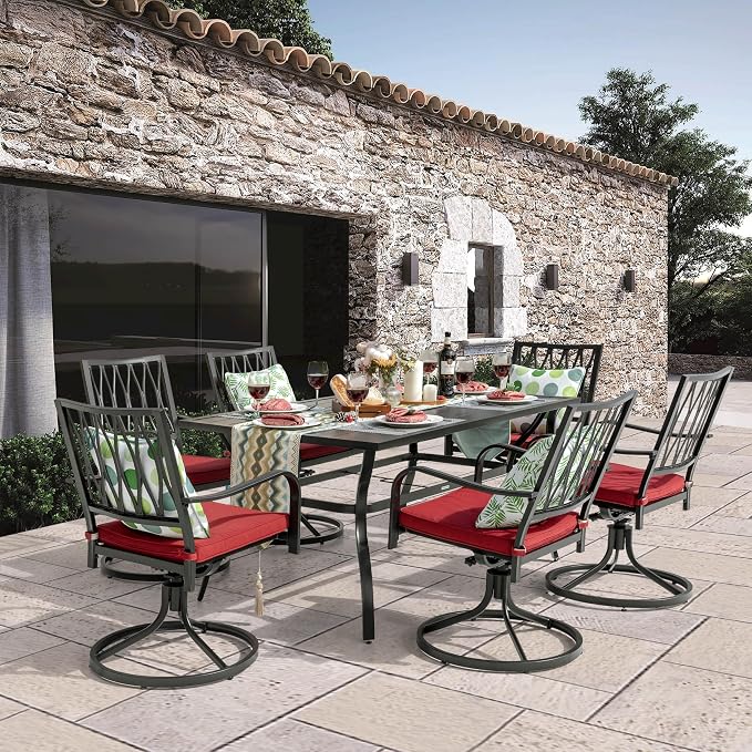 NUU GARDEN 7 Piece Outdoor Dining Set, Outdoor Furniture Set for Rectangle Iron Umbrella Dining Table and 6 Cushioned Swivel Chairs, Black and Red Cushion