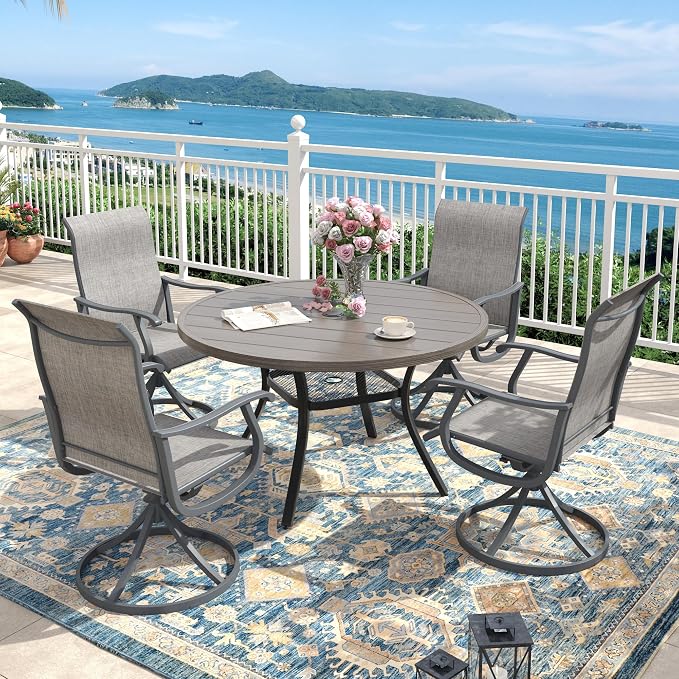 Outdoor Dining Set for 4, 40.6" Metal Round Outdoor Dining Table with Umbrella Hole and Sling Patio Swivel Chairs, 5 Pieces Patio Table and Chairs Set for Garden Backyard, Grey