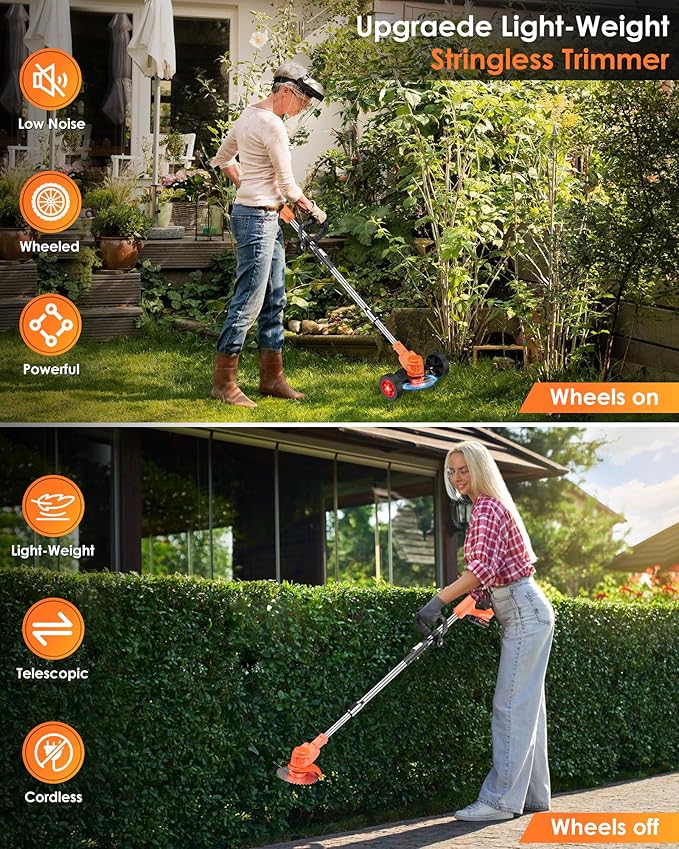 21V Cordless Weed Wacker, 2-in-1 Electric Weed Eater Battery Powered with Wheel and Blade, Stringless Grass Trimmer for Garden Yard, 90° Collapsible