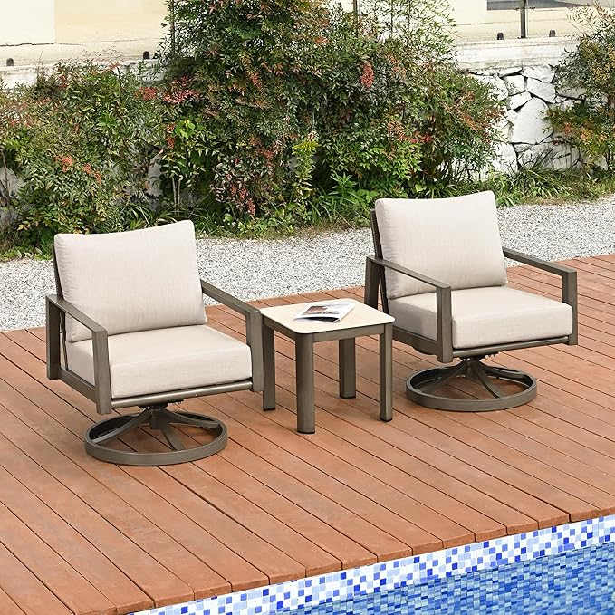 HAPPATIO Patio Conversation Set, 3-Piece Aluminum Oversized Patio Furniture Set with Rope Backrest, Side Table and 2 Swivel Chairs with Thick Cushion, Hand-Brushed Frame for Yard, Porch, Balcony