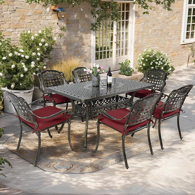 7-Piece Outdoor Patio Dining Set, 60” Rectangular Cast Aluminum Dining Table with Umbrella Hole and 6 Outdoor Dining Cushioned Chairs, Patio Funiture Set for Backyard, Patio, Garden, Red