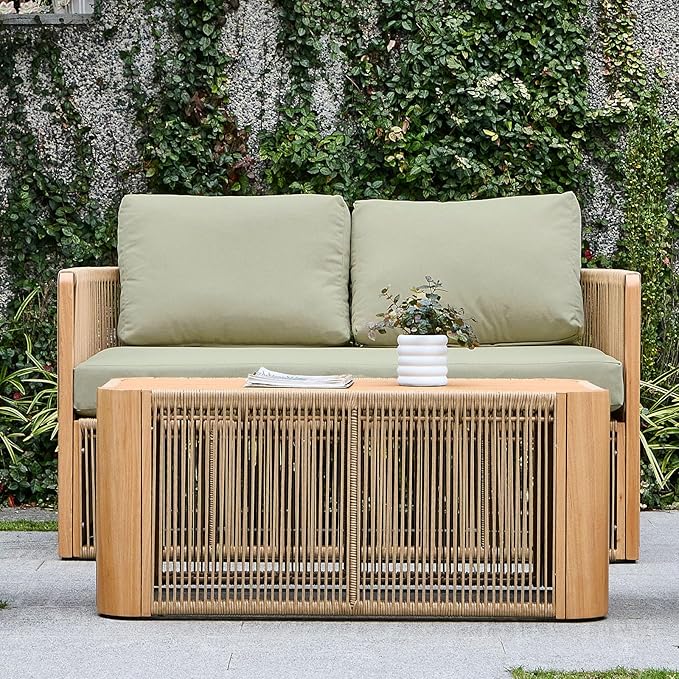Patio Lounge Sofa Set of 2, Loveseat Rope Patio Furniture Set with Table, Outdoor Aluminum Conversation Sets, Outdoor Chair Sets for Porch, Garden, Deck, Balcony, Green