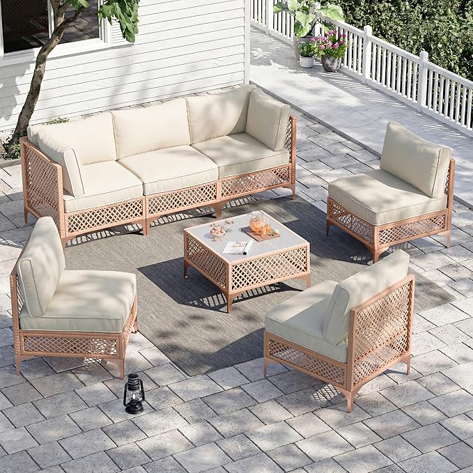 Vikiullf Patio Conversation Sets, 7 Piece Outdoor Furniture Set with Thick Cushions, Wicker Sectional Sofa Set with Coffee Table for Backyard, Poolside, Garden (Beige)