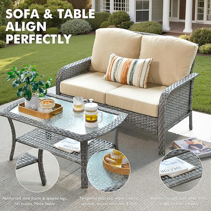 Weaxty 8 Pieces Outdoor Patio Furniture Sets with Swivel Rocking Patio Chairs and Loveseat Sofa,Coffee Table,All Weather Wicker Conversation Set for Deck Backyard Porch Poolside,Beige