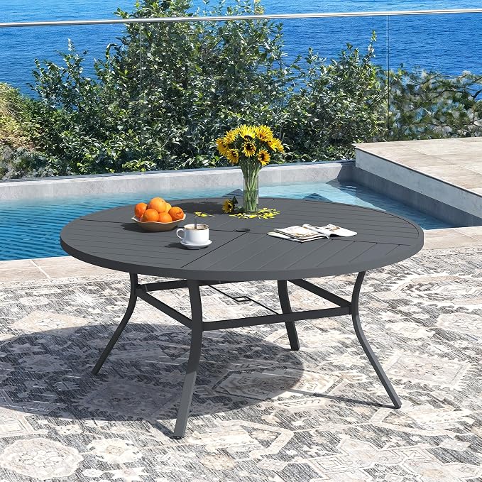 DIFY 9 Piece Outdoor Patio Dining Set for 8, 53.1" Round Dining Table with Umbrella Hole and Stackable Metal Chairs, Patio Table and Chairs Set for Backyard Garden Poolside, Grey