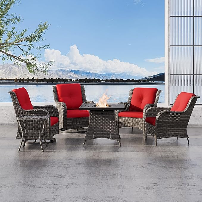 6 Pcs Patio Furniture Set with Fire Table-31'' Fire Pit Table, 1 Side Table, 4 Outdoor Rattan Wicker Conversation Chairs (2 Fixed & 2 Swivel) （Red）